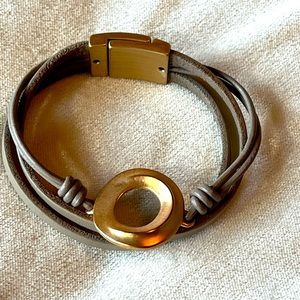 Magnetic leather strap bracelet, gold tone accent, 7.5”